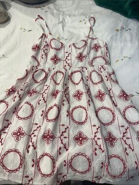 White Sundress with Red Embroidered Floral Motif